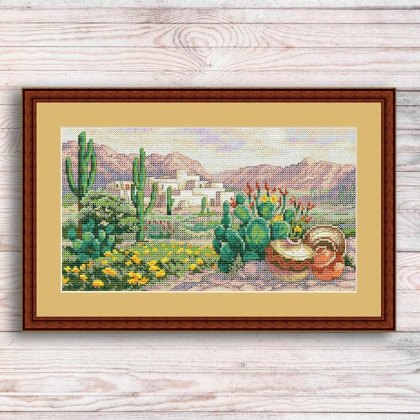 Cross Stitch Pattern Window to the west Native Landscape Pattern Hand Embroidery Needlepoint Grand Canyon Desert Cactus Ceramic tableware