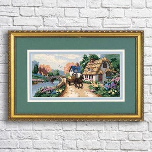 Village Serene Counted Cross Stitch Pattern Summer Flowers Landscape Hand Embroidery Needlepoint Chart Village Cottage Digital Pattern PDF