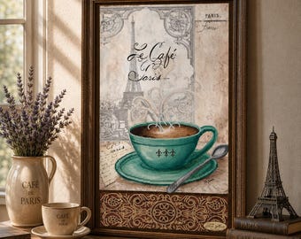 May include: A framed wall art print featuring a teal coffee cup on a saucer with a spoon, set against a background of the Eiffel Tower and text reading Le Café Paris. The bottom border has a brown ornate pattern with a small signature in the corner.