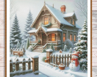 Christmas House Counted Cross Stitch Pattern Christmas Tree Winter Landscape Holidays Hand Embroidery Needlepoint Chart Cottage PDF