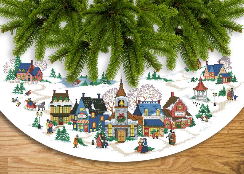 Christmas Tree Skirt Old Time Holiday Counted Cross Stitch Pattern Winter Village Embroidery Hand Xstitch Embroidery Chart Needlepoint Chart