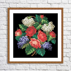 Boeket rozen Geteld kruissteekpatroon Vintage bloemenborduurwerk Digitaal patroon Rode rozen Borduurnaaldschema Download PDF