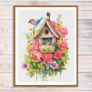 Watercolor Birdhouse Cross Stitch Pattern Birds on a branch Spring Bird Xstitch Pattern Animal Embroidery Flowers Hand Needlepoint Chart PDF