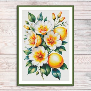 Bloeiende citroen geteld kruissteekpatroon Digitaal patroon Bloemmotief Witte bloem zomerfruit borduurpatroon PDF downloaden