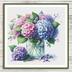 Hortensia geteld kruissteekpatroon Digitaal patroon Modern bloemendecorpatroon Zomerbloem borduren borduurpatroon PDF downloaden