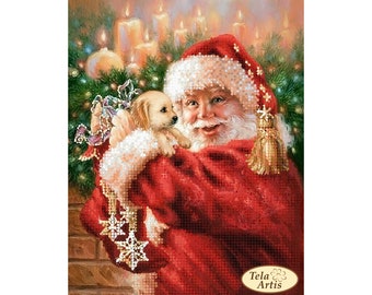 May include: Santa Claus in a red suit with a white beard and hat holds a small golden puppy in his arms. He is standing in front of a fireplace with candles and a Christmas wreath. The image is a painting with a festive Christmas theme.