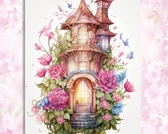 May include: A whimsical illustration of a pink and brown tower house surrounded by pink and blue flowers. The house has a door with a light shining from inside. The illustration is on a white background.