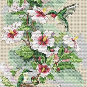 May include: A cross-stitch embroidery pattern on beige fabric featuring three hummingbirds with green and red plumage. The design includes white hibiscus flowers with pink centres, green leaves, and a small brown nest containing three white eggs.