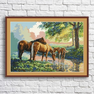 Horses by stream Cross Stitch Pattern Digital Pattern Modern Decor Landscape Pattern Horse Embroidery Needlepoint Chart Cross Stitch Animal