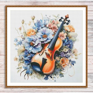 Viool en bloemen Kruissteekpatroon PDF Digitaal patroon Modern decor Wilde bloemenpatroon Muziek borduren Borduurpatroon downloaden