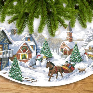 Christmas Tree Skirt Sleigh Ride Holiday Counted Cross Stitch Pattern Winter Embroidery Hand Xstitch Embroidery Chart Needlepoint Chart