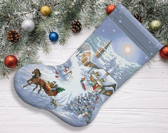 Sleigh ride at dusk Christmas Stocking Counted Cross Stitch Pattern Santa Embroidery Hand Xstitch Decor Embroidery Chart Needlepoint Chart