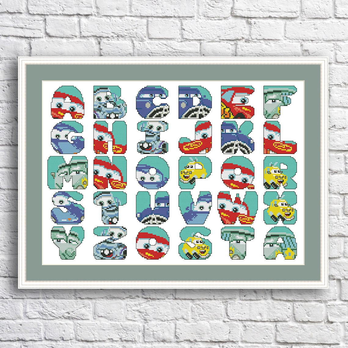 Alfabeto de carros, padrão de ponto cruz contado, bordado ABC de carros, costura à mão, gráfico de bordado, gráfico de agulha, decoração para quarto de criança
