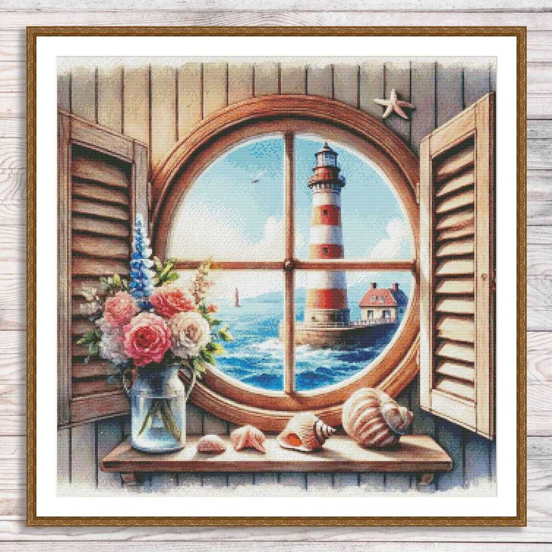 Lighthouse Counted Cross Stitch Pattern Shells Window Seascape Seagulls ...