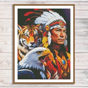 Indianer Häuptling Kreuzstichmuster Wildtiere Wolf Adler Muster Modernes Wanddekor Hand Nadelspitze Stickmuster PDF zum ausdrucken und ausdrucken