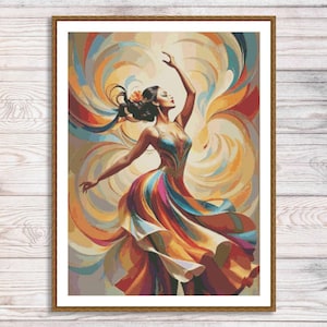 Dancing Lady Cross Stitch Pattern Colorful Woman Cross Stitch Pattern PDF Elegant Woman Modern Abstract Dress Design Needlepoint chart PDF