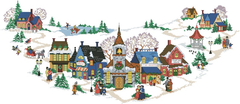 Christmas Tree Skirt Old Time Holiday Counted Cross Stitch Pattern Winter Village Embroidery Hand Xstitch Embroidery Chart Needlepoint Chart