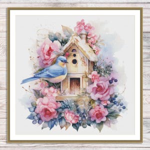 Watercolor Birdhouse Cross Stitch Pattern Birds on a branch Spring Bird Xstitch Pattern Animal Embroidery Flowers Hand Needlepoint Chart PDF