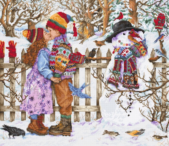 First Kiss Counted Cross Stitch Kit Winter Children Snowman Christmas Home Decor Christmas tree Xmas holiday Luca-S Cross Stitch Kits DIY
