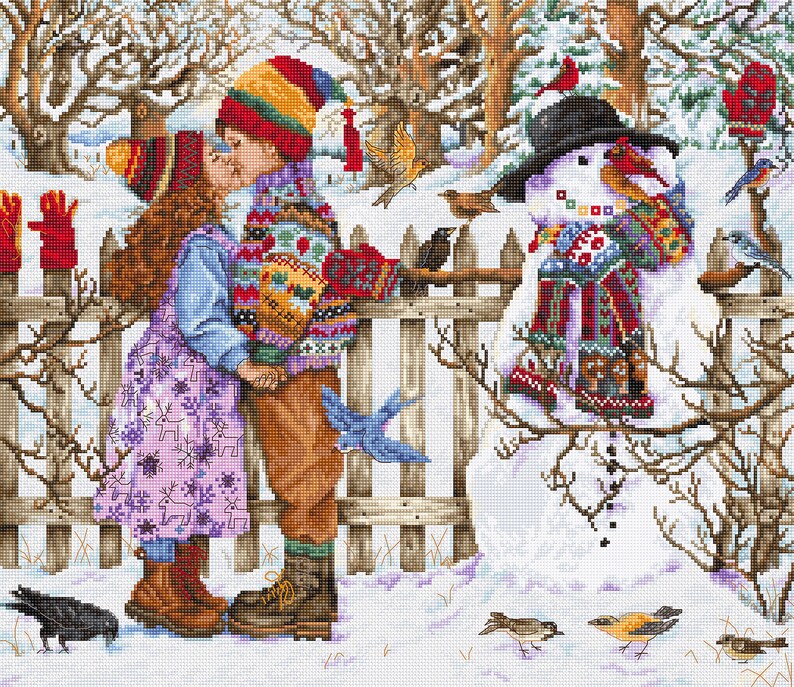 May include: A cross-stitch winter scene depicts a boy and girl kissing near a snowman. The boy wears a colorful hat and sweater, while the girl wears a purple dress. A snowman with a black hat and scarf stands nearby. Birds perch on a wooden fence.