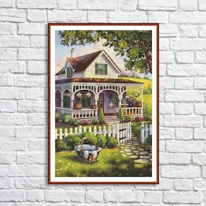 Sweet home Counted Cross Stitch Pattern Victorian Cottage Summer Landscape Pattern Hand Embroidery Needlepoint Chart Cottage Digital Pattern