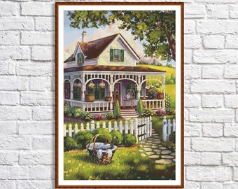 Sweet home Counted Cross Stitch Pattern Victorian Cottage Summer Landscape Pattern Hand Embroidery Needlepoint Chart Cottage Digital Pattern