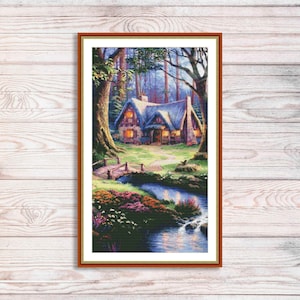 Fairy House Cross Stitch Pattern Digital Pattern Modern Decor Cottage Landscape Pattern Hand Embroidery Needlepoint Counted cross stitch