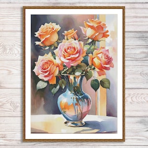 Bouquet of Roses in a Vase Watercolor Roses Cross Stitch Pattern Digital Pattern Flower Pattern Floral Embroidery Needlepoint Download PDF