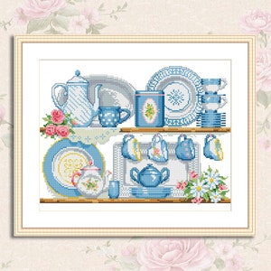 Kitchen shelf Cross Stitch Pattern Shelf with Dishies Kitchen Still Life Modern Decor Pattern Cups Mugs Napkins Embroidery Needlepoint chart