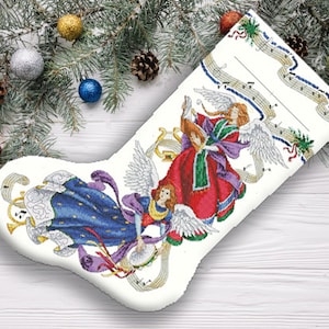 Angelic harmony Christmas Stocking Counted Cross Stitch Pattern Angel Embroidery Hand Xstitch Decor Embroidery Chart Needlepoint Chart PDF