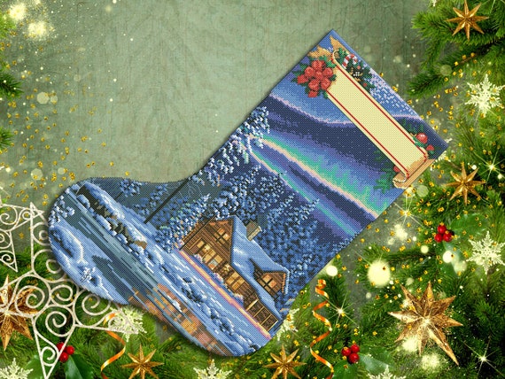 Aurora Cabin Christmas Stocking Counted Cross Stitch Pattern