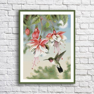 Hummingbird and Fuchsia Cross Stitch Pattern Floral Bird Pattern Modern Decor White Pink Flower Pattern Bouquet Embroidery Needlepoint chart