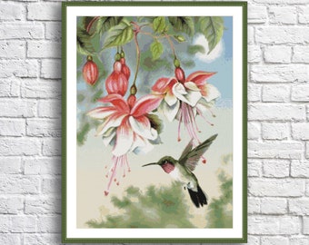 Hummingbird and Fuchsia Cross Stitch Pattern Floral Bird Pattern Modern Decor White Pink Flower Pattern Bouquet Embroidery Needlepoint chart