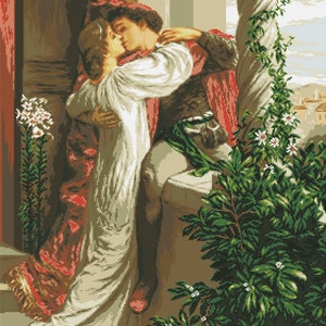 Patrón de punto de cruz de Romeo y Julieta, gráfico de bordado, beso, regalo de San Valentín, PDF digital vintage, decoración de pared moderna, bordado a mano imagen 2