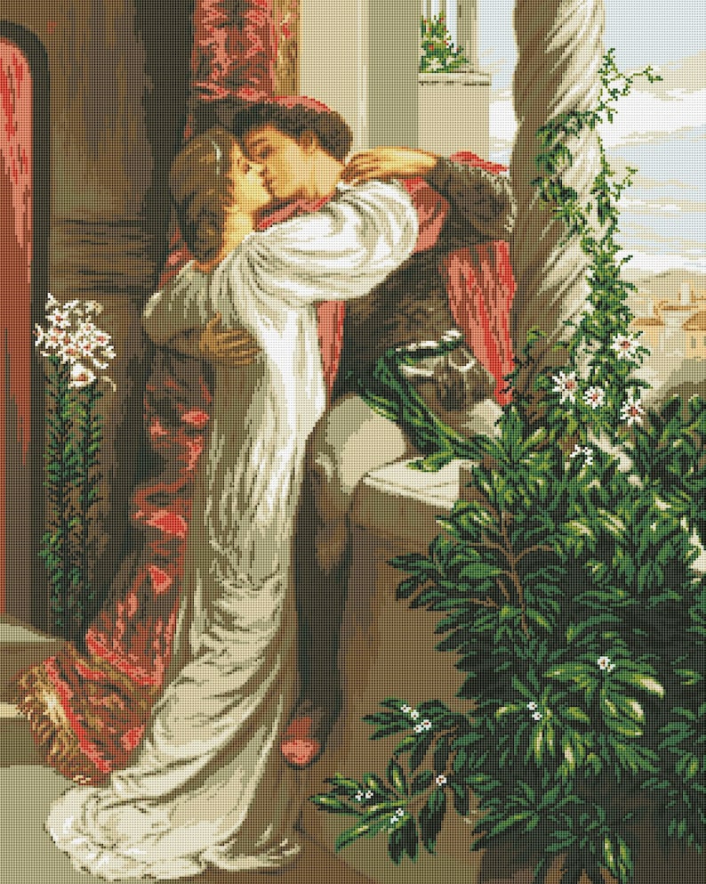 Patrón de punto de cruz de Romeo y Julieta, gráfico de bordado, beso, regalo de San Valentín, PDF digital vintage, decoración de pared moderna, bordado a mano imagen 2