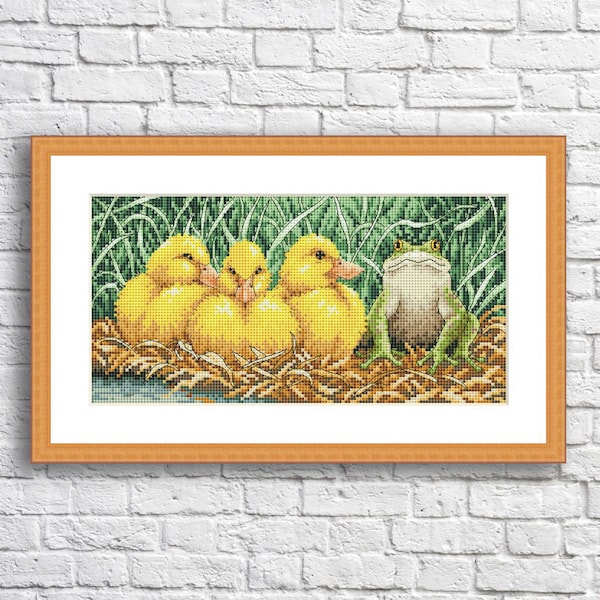 Ugly Duckling Cross Stitch Pattern Funny frog Bird Pattern Three ducklings Animal Embroidery Needlepoint Chart Download Digital Pattern PDF