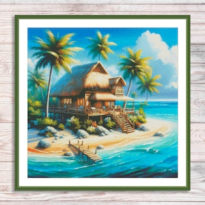 Beach Houses Counted Cross Stitch Pattern Bungalow Palms Seashore Waves Summer Beach Landscape Pattern Hand Embroidery Needlepoint chart