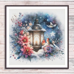 Padrão de ponto cruz de lanterna de natal, árvore de natal, pássaros de inverno, vela, decoração de costura para casa, presente, padrão de bordado, gráfico de ponto cruz
