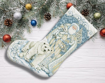 White Santa Christmas Stocking Counted Cross Stitch Pattern Santa Embroidery Polar Animals Hand Embroidery Chart Needlepoint Chart DIY