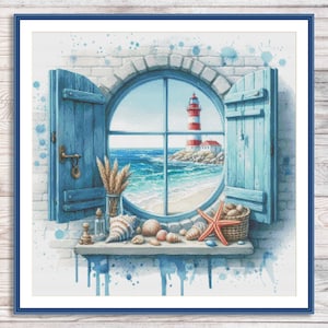 Phare de la fenêtre avec vue sur la mer, point de croix compté, coquillages, paysage marin, mouettes, vague, motif numérique, paysage, motif, broderie