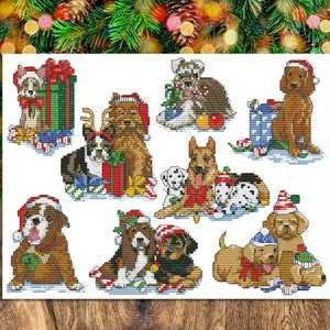 May include: A cross-stitch design showcasing several dog breeds, all wearing Christmas hats and festive decorations. The dogs are depicted with wrapped gifts and candy canes, evoking a holiday atmosphere. The colour scheme incorporates brown, red, green, and white hues.