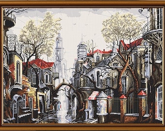 Kit de punto de cruz contado Ciudad en niebla Punto de cruz contado Pintura costura Decoración de pared Decoración de la habitación para niños Decoración de la habitación Paisaje Paisaje urbano Nova Sloboda