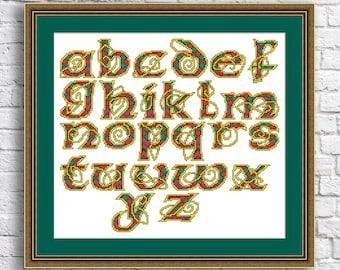 Celtic Alphabet Counted Cross Stitch Pattern Vintage Celtic ABC Embroidery Big Hand Stitching Needlepoint Chart Wall Decor kids room