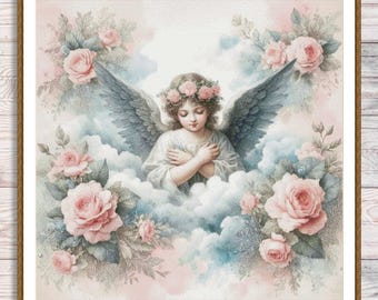 Angel Girl Cross Stitch Pattern Digital Pattern Girl and flowers Roses Modern Wall Decor Pattern Floral Hand Embroidery Needlepoint chart