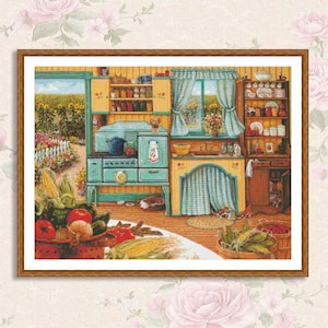Oma's keuken Stilleven Kruissteekpatroon Digitaal patroon Decor Wilde bloemen Patroon Boeket Borduren Borduurpatroon Downloaden