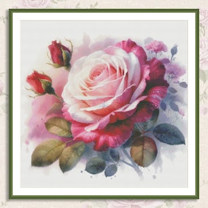 Aquarel enkele rozen geteld kruissteekpatroon roze bloemen Tak van tuinbloemen Vintage bloemen digitaal borduurpatroon PDF