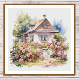 Wzór haftu krzyżykowego Dom wiejski Kwiaty ogrodowe Krajobraz letni Vintage Cottage Haft ręczny Haft krzyżykowy Wzór cyfrowy