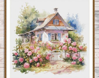 May include: A watercolor painting of a white cottage with a red roof and a white picket fence. The cottage is surrounded by a lush garden with pink roses.