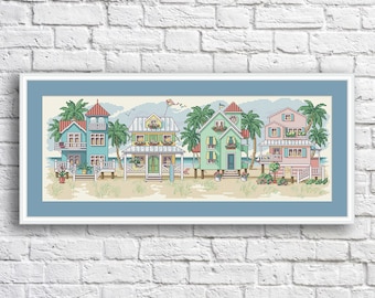 Seaside Cottages Counted Cross Stitch Pattern Summer Sea Home House Embroidery Needlepoint Chart Cottage Dollhouse Digital Pattern Building