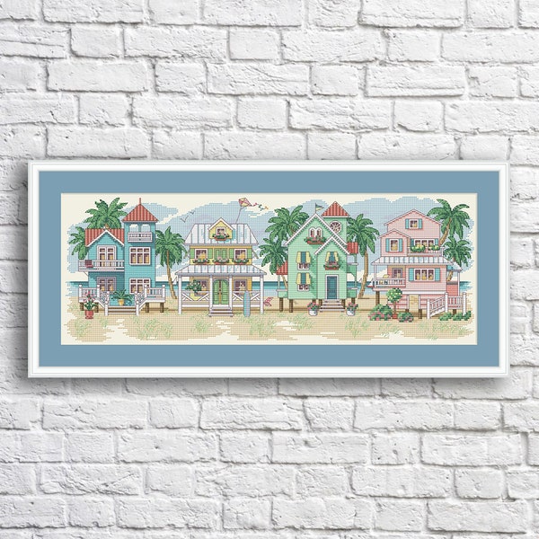 Seaside Cottages Counted Cross Stitch Pattern Summer Sea Home House Embroidery Needlepoint Chart Cottage Dollhouse Digital Pattern Building